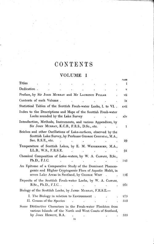 Page ix, Volume 1 - Contents of each Volume