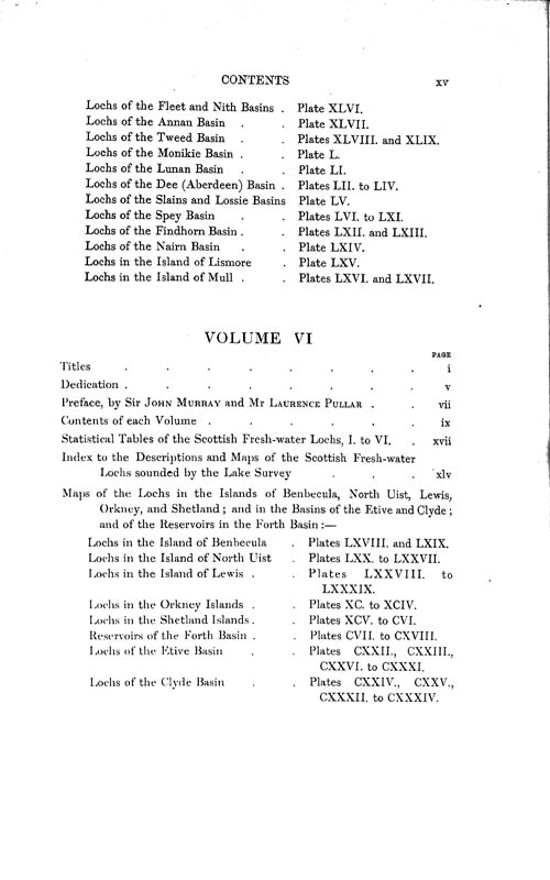 Page xv, Volume 1 - Contents of each Volume