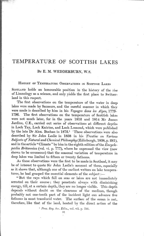 Page 91, Volume 1 - Temperature of Scottish Lakes, by E.M. Wedderburn