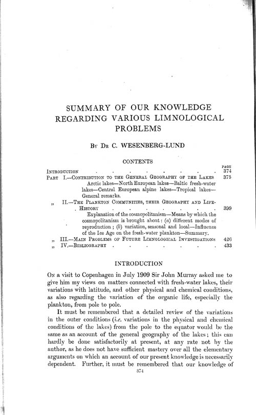 Page 374, Volume 1 - Summary of our Knowledge regarding various Limnological Problems, by C. Wesenberg-Lund