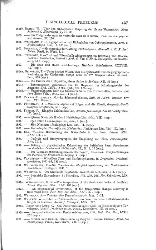 Page 437, Volume 1 - Summary of our Knowledge regarding various Limnological Problems, by C. Wesenberg-Lund