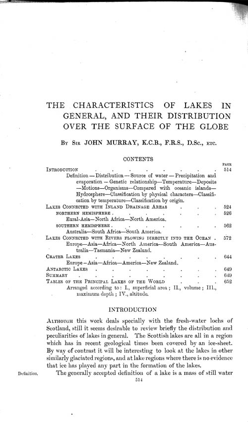 Page 514, Volume 1 - Characteristics of Lakes in general, and their distribution over the Surface of the Globe, by Sir John Murray