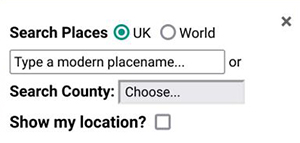 Search places panel, allowing placenames, or counties / parishes to be searched