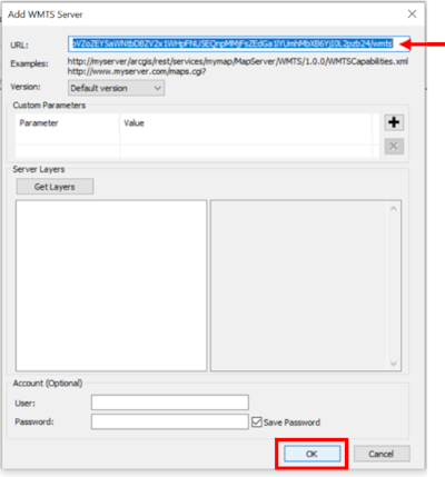 QGIS interface showing WMTS URL dialog box