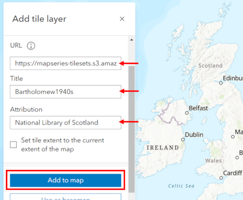ArcGIS Online interface showing Add tile layer dialog box