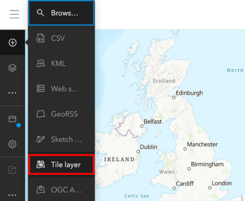 ArcGIS Online interface showing Add tile layer feature