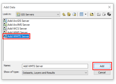 QGIS interface showing GIS servers in Add Data dialog box