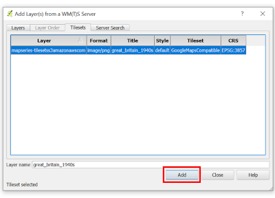 QGIS interface showing WMTS layer in Tileset Tab