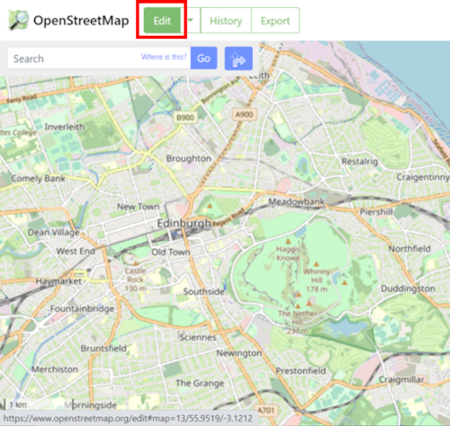 OpenStreetMap interface highlighting edit feature