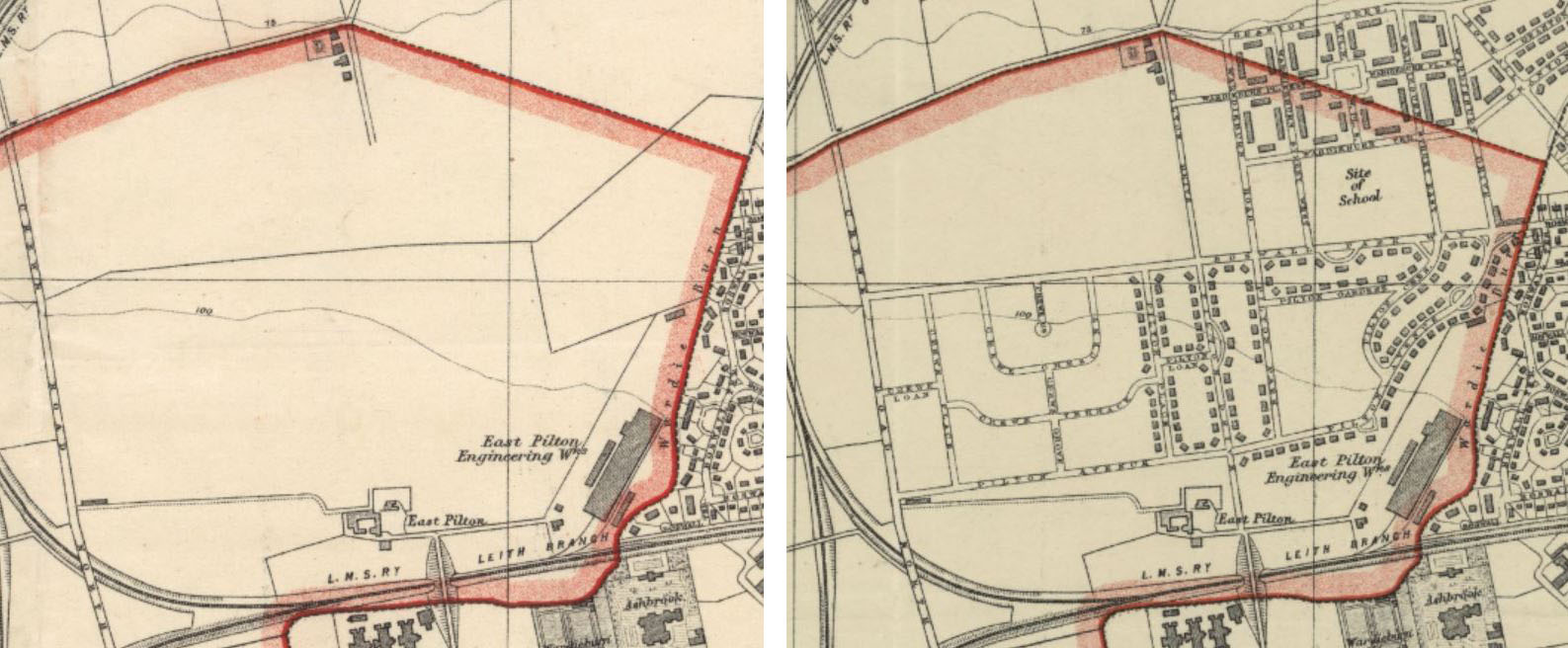 Extracts from Post Office Directory Plans of Edinburgh, 1932-33 on the left and 1934-35 on the right.