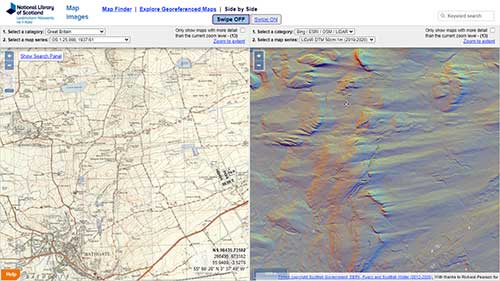 Comparing the OS 1:25,000 1937-61 mapping (left) with the LiDAR DTM layer (right) to bring out ‘crag-and-tail’ glacial trends north of Bathgate