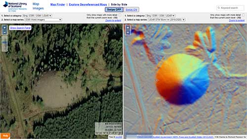Comparing modern ESRI Imagery (left) with LiDAR DTM (right) for East Benhar Mine Bing