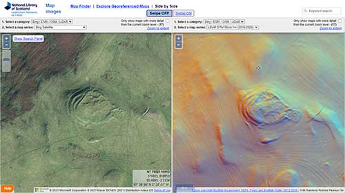 Comparing modern Bing Imagery (left) with LiDAR DTM (right) for Hownam Rings hill fort, Roxburghshire