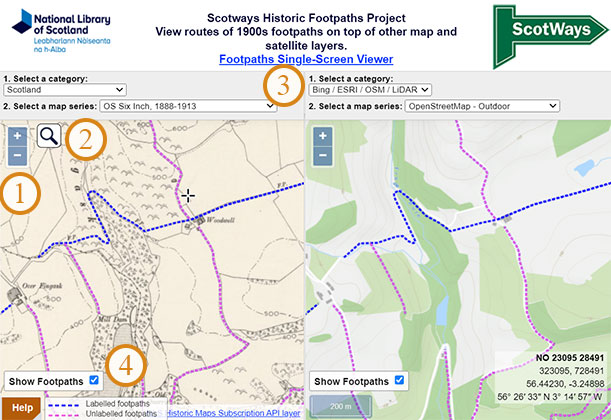 Screengrab of plit-screen footpaths viewer with numbered sections