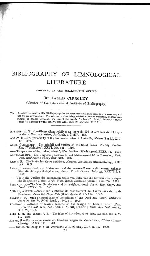 Page 659, Volume 1 - Bibliography of Limnological Literature, compiled in the Challenger Office by James Chumley
