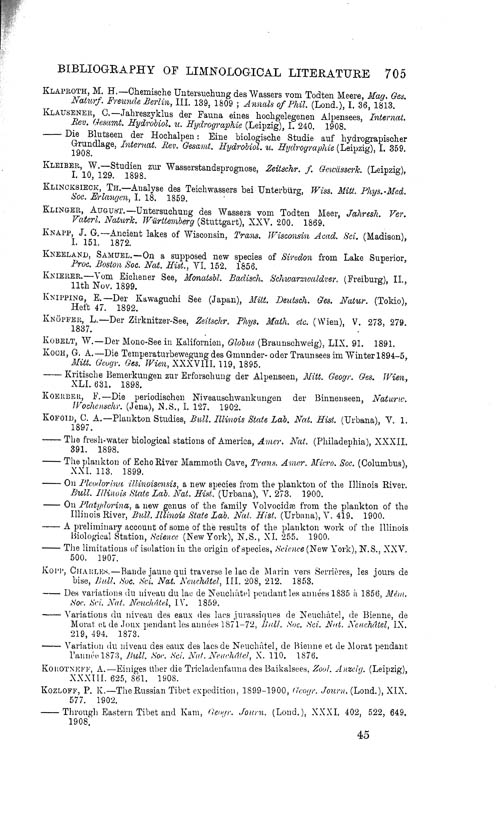 Page 705, Volume 1 - Bibliography of Limnological Literature, compiled in the Challenger Office by James Chumley
