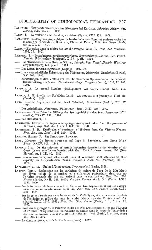 Page 707, Volume 1 - Bibliography of Limnological Literature, compiled in the Challenger Office by James Chumley