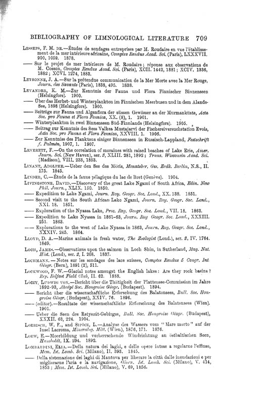 Page 709, Volume 1 - Bibliography of Limnological Literature, compiled in the Challenger Office by James Chumley