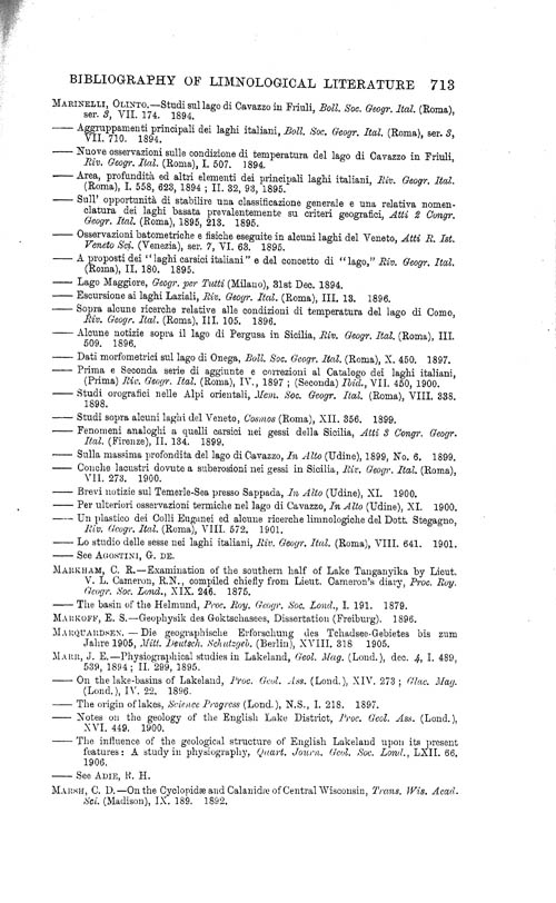 Page 713, Volume 1 - Bibliography of Limnological Literature, compiled in the Challenger Office by James Chumley