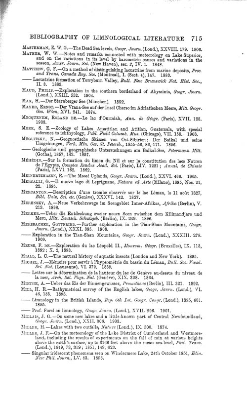 Page 715, Volume 1 - Bibliography of Limnological Literature, compiled in the Challenger Office by James Chumley
