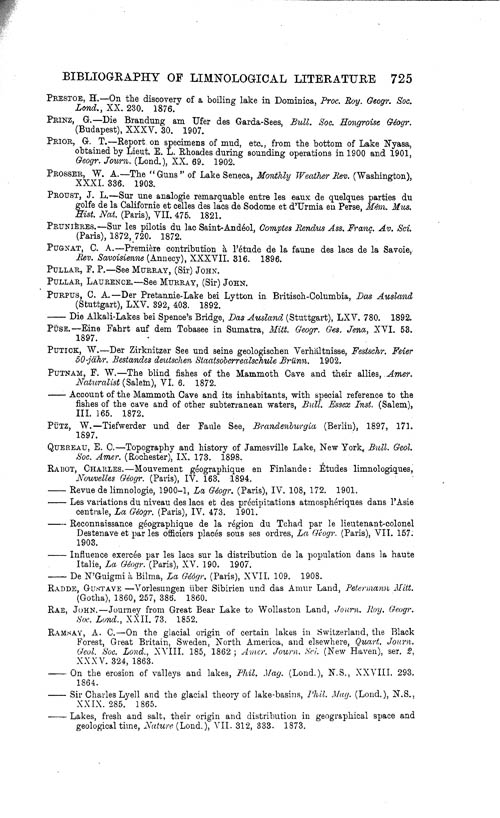 Page 725, Volume 1 - Bibliography of Limnological Literature, compiled in the Challenger Office by James Chumley
