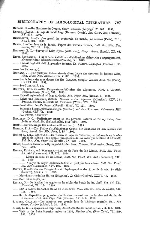 Page 727, Volume 1 - Bibliography of Limnological Literature, compiled in the Challenger Office by James Chumley