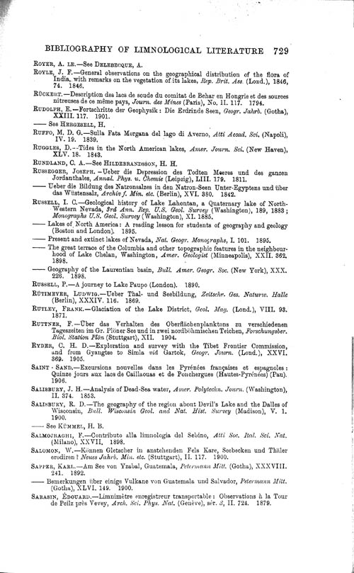 Page 729, Volume 1 - Bibliography of Limnological Literature, compiled in the Challenger Office by James Chumley
