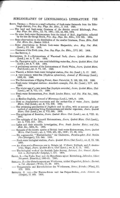 Page 733, Volume 1 - Bibliography of Limnological Literature, compiled in the Challenger Office by James Chumley