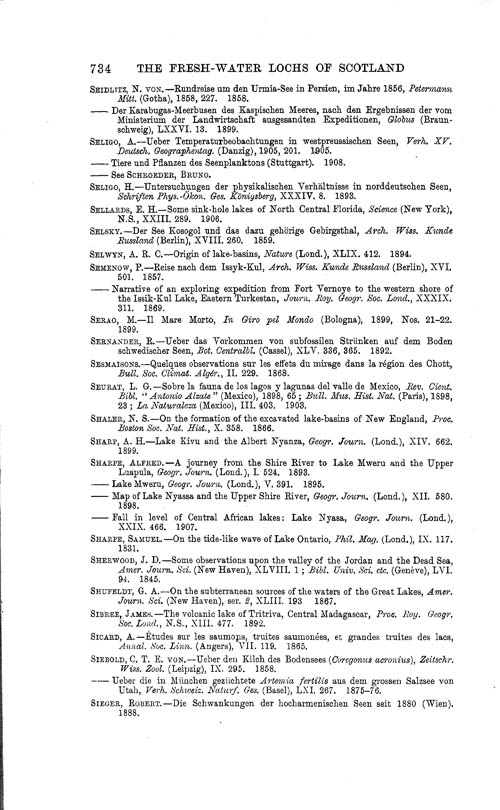 Page 734, Volume 1 - Bibliography of Limnological Literature, compiled in the Challenger Office by James Chumley