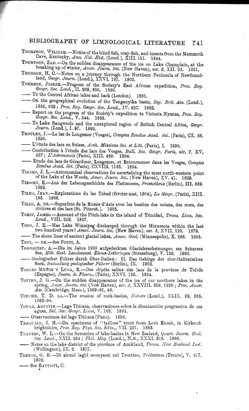 Page 741, Volume 1 - Bibliography of Limnological Literature, compiled in the Challenger Office by James Chumley