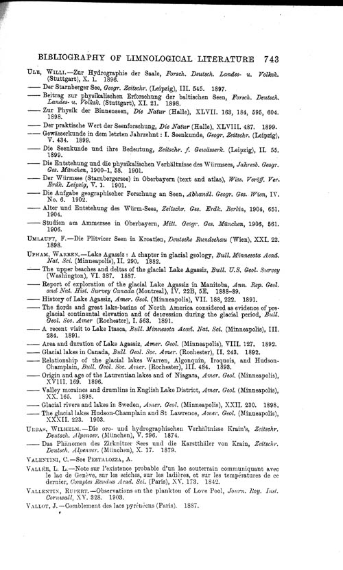 Page 743, Volume 1 - Bibliography of Limnological Literature, compiled in the Challenger Office by James Chumley