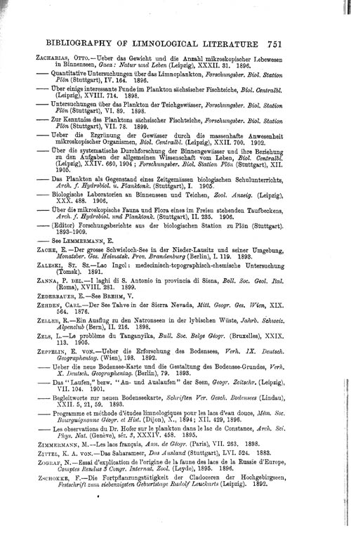 Page 751, Volume 1 - Bibliography of Limnological Literature, compiled in the Challenger Office by James Chumley