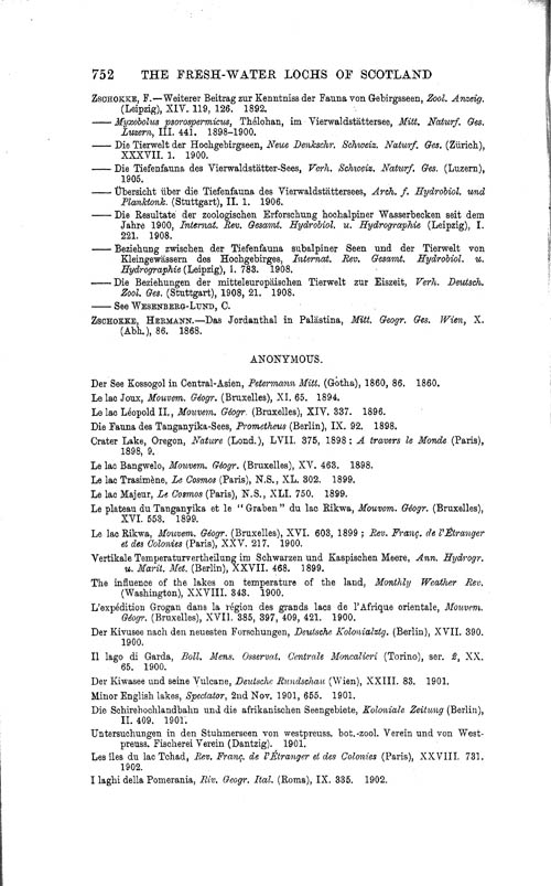 Page 752, Volume 1 - Bibliography of Limnological Literature, compiled in the Challenger Office by James Chumley