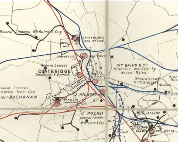 Extract from Map of Central Lanarkshire, showing coal and ironstone mines, lease holders to mineral rights and existing and proposed railways including mineral lines focusing on the Coatbridge area [circa 1872]