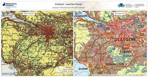Scottish Land Use Viewer showing changes in residential areas between 1930s to 2015.