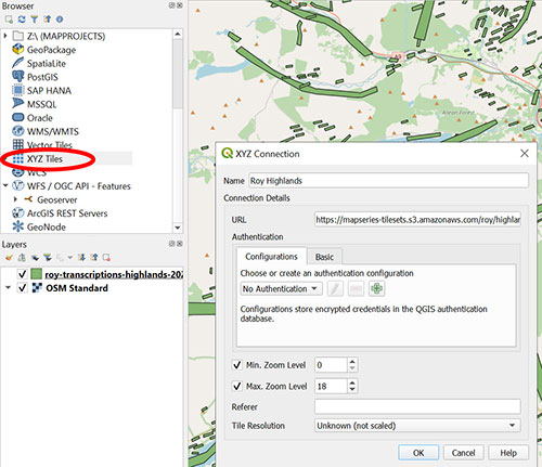 QGIS interface showing how to add XYZ layer