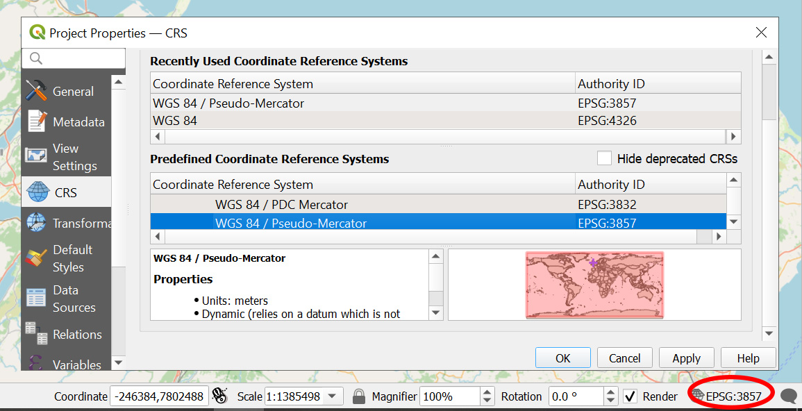 QGIS interface showing the way to select the correct Coordinate Reference System (CRS)