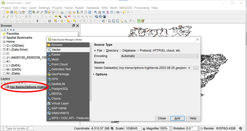 QGIS interface showing where the GeoJSON file appears in the Layers list