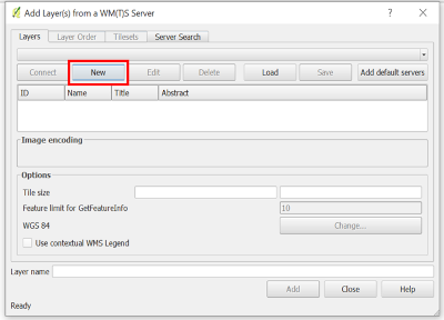 QGIS interface of the dialog box for adding layer(s) from a WM(T)S Server