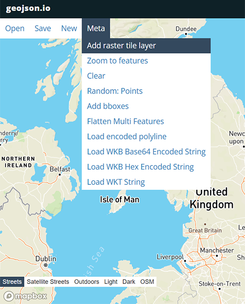 geojson.io interface showing where to find add map layer