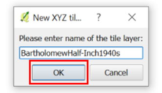 QGIS interface showing the new XYZ Tile name