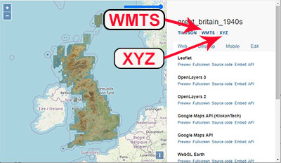 Tileset home page, showing where to find WMTS and XYZ addresses