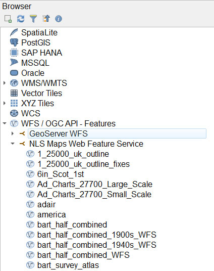 QGIS browser panel showing WFS layers
