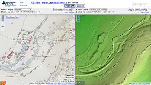Comparing OS 25 inch 1884 mapping (left) with LiDAR DTM (right) on the Somerset Coal Canal