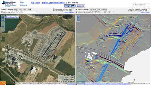 Comparing Bing Satellite imagery (left) with LiDAR DTM (right) for Dunbar Cement Works and quarry.