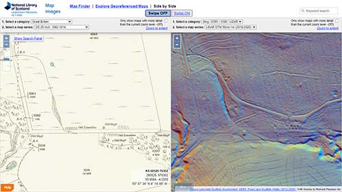 Comparing OS 25 inch 1892-1914 mapping (left) with LiDAR DTM (right) showing old limekilns (including some within woodland) within Campsie parish, Stirlingshire