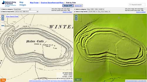 Comparing OS six-inch 1888-1913 mapping (left) with LiDAR DSM (right) for Maiden Castle hill fort, Dorset