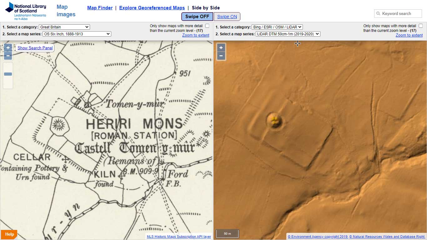Comparing OS six-inch inch 1888-1913 mapping (left) with LiDAR DTM (right) for Tomen y Mur Roman fort, Merionethshire