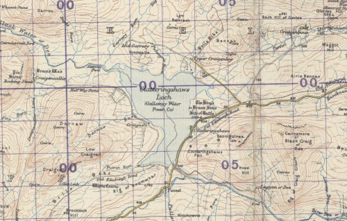 Extract of a one-inch OS map showing Clatteringshaws Loch that is part of the Glenkens Hydro-electric power scheme