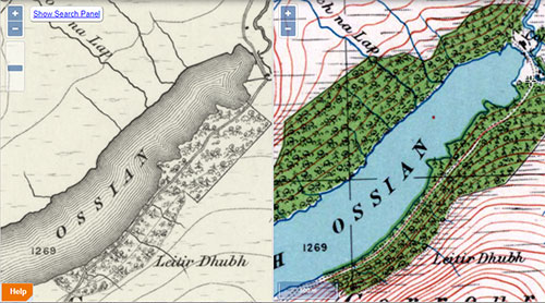 The Side-by-side viewer showing two maps of Loch Ossian and surrounding woodland